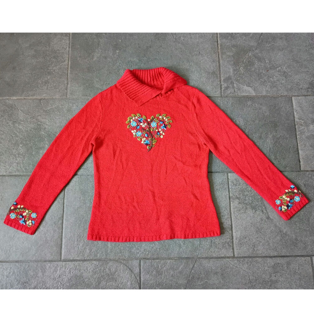 Coldwater Creek Vintage Red Knit Turtleneck Sweater Floral Embroidered Heart - Picture 4 of 7